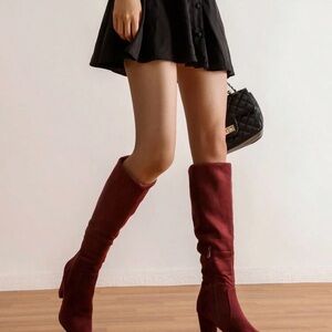 SHEIN Burgundy Knee-High Block Heel Boots